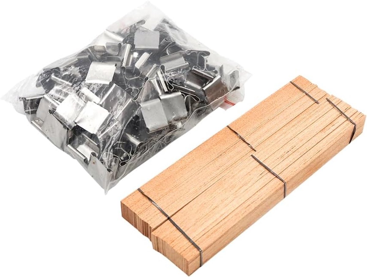 100 stuks wieken voor het maken van kaarsenkit, 5" natuurlijke houten kaarsenlont met 100 ijzeren standaards voor handgemaakte doe-het-zelf geurkaarsenhouder knutselbenodigdheden