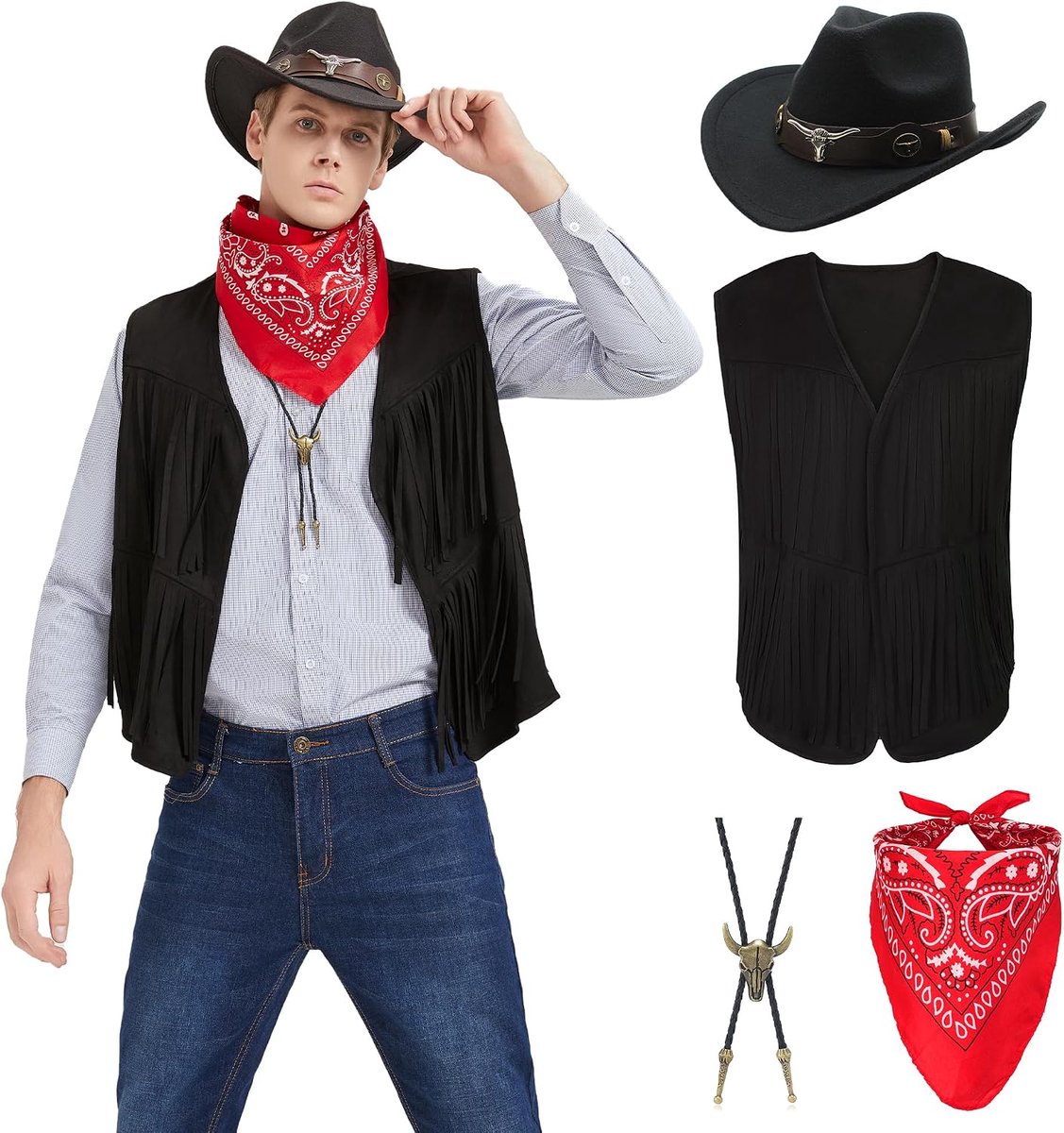 Cowboykostuum voor heren, cosplay met vest, franjes, hoed, bandana, halsketting, vintage, carnaval, hippie-kostuum, set voor volwassenen