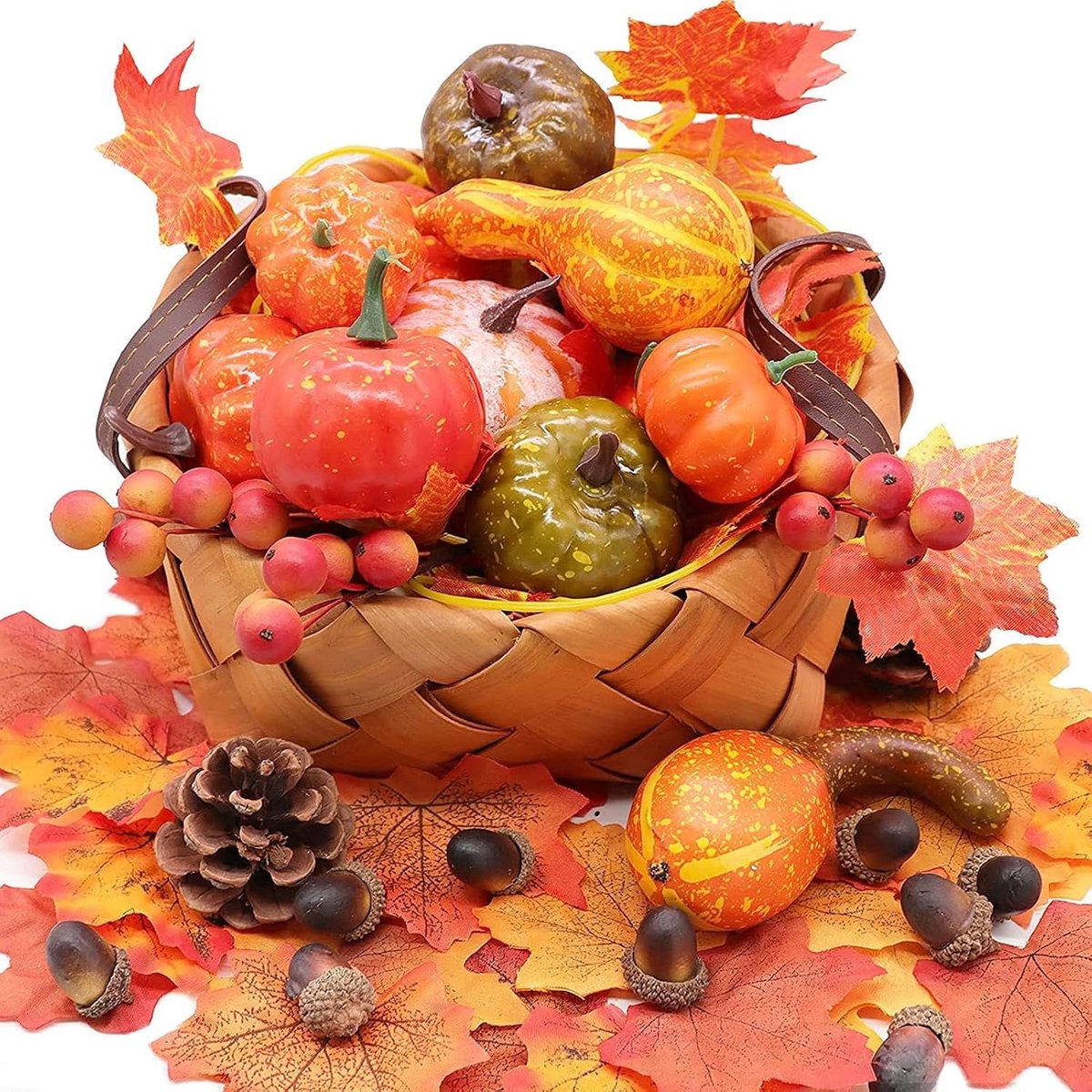Kunstpompoenen, 100 stuks, mini-kunstpompoenen, kunstesdoornblad, valse pompoenen, decoratie, dennenappels, herfstdecoratie, kunstmatige dennenappels, eikels, decoratie, Halloween, Thanksgiving party