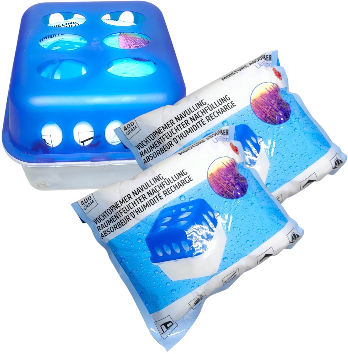 Vochtopnemer Houder met 2x Navulling Lavendel 400gram Navulbaar