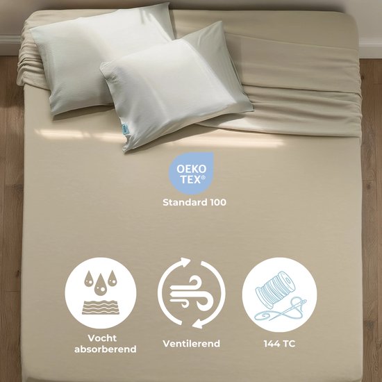 Crème hoeslaken, OEKO-TEX Standard 100, vocht absorberend, ventilerend, 144TC.