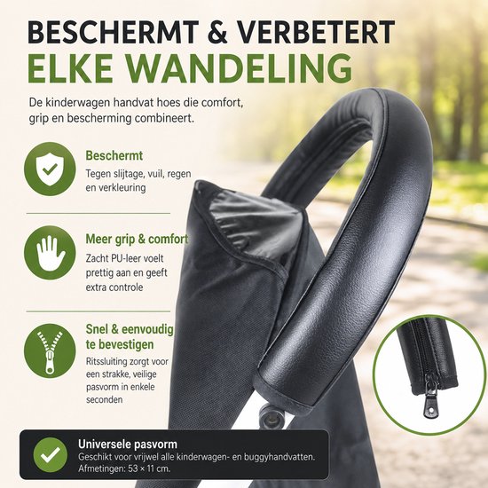 BukkitBow - Kinderwagen Handvat Hoes - Kunstleer - Met Rits - Universeel - Beschermhoes voor Buggy & Kinderwagen - Zwart van BukkitBow — afbeelding 4