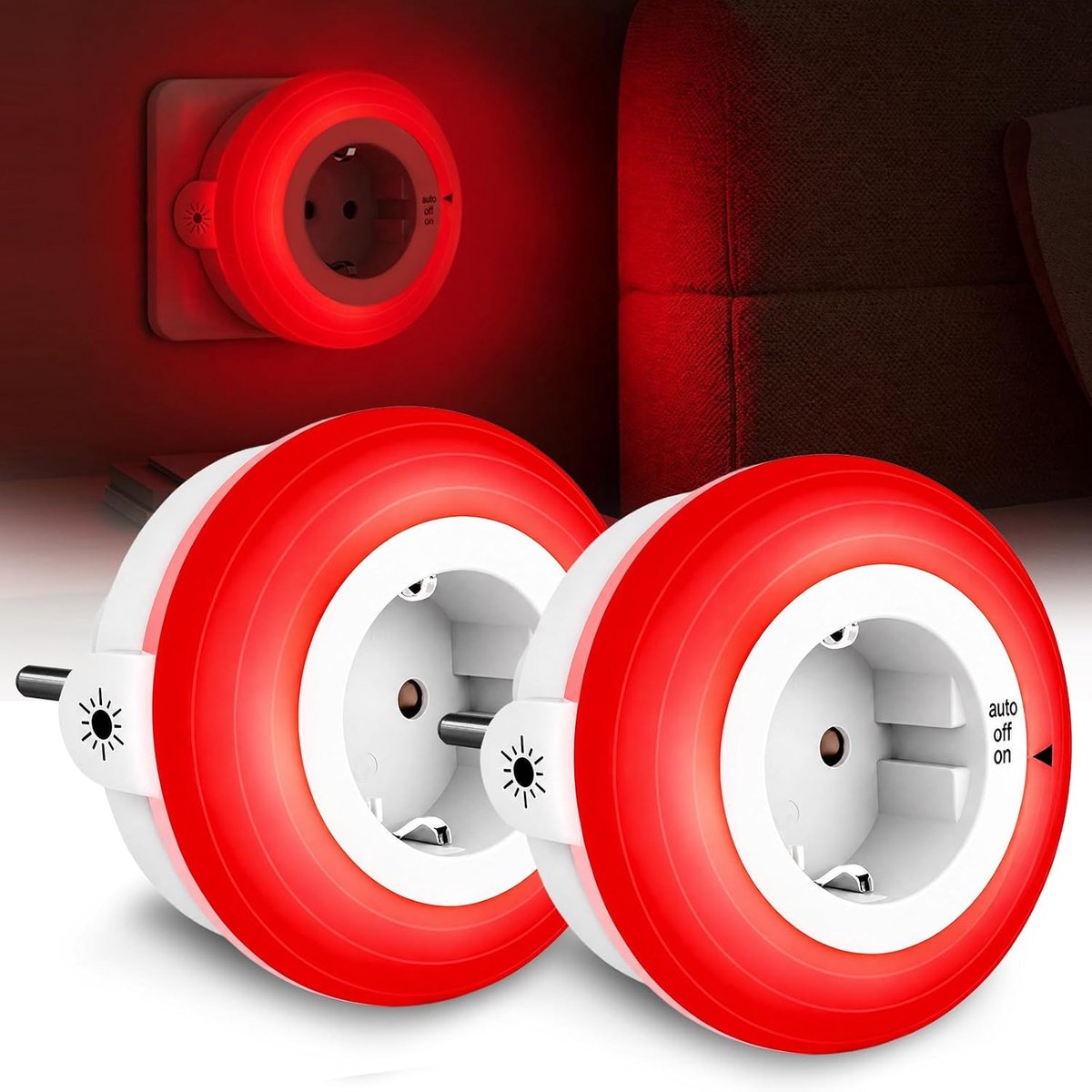 Dimbare rode slaap‑nachtlampjes 625nm (2 stuks), stopcontactmodel met schemersensor, 3 heldereheidsniveaus, automatische aan/uit voor babykamer en slaapkamer [Energieklasse G]