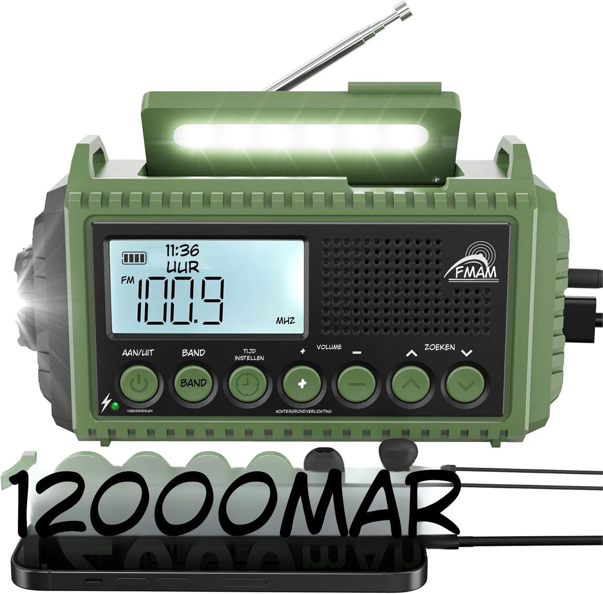 Kavo Noodradio - LED Zaklamp - Draagbare Radio op Zonne Energie - Groen - 12cm x 9cm x 19cm