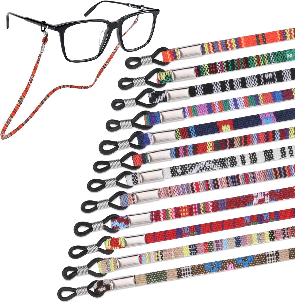 Brilriem, 12 stuks veelkleurige brillenhouderriem, nylon veiligheidsbril, sleutelkoord, brillenhouders om de nek voor mannen en vrouwen, Meerkleurig, Eén maat