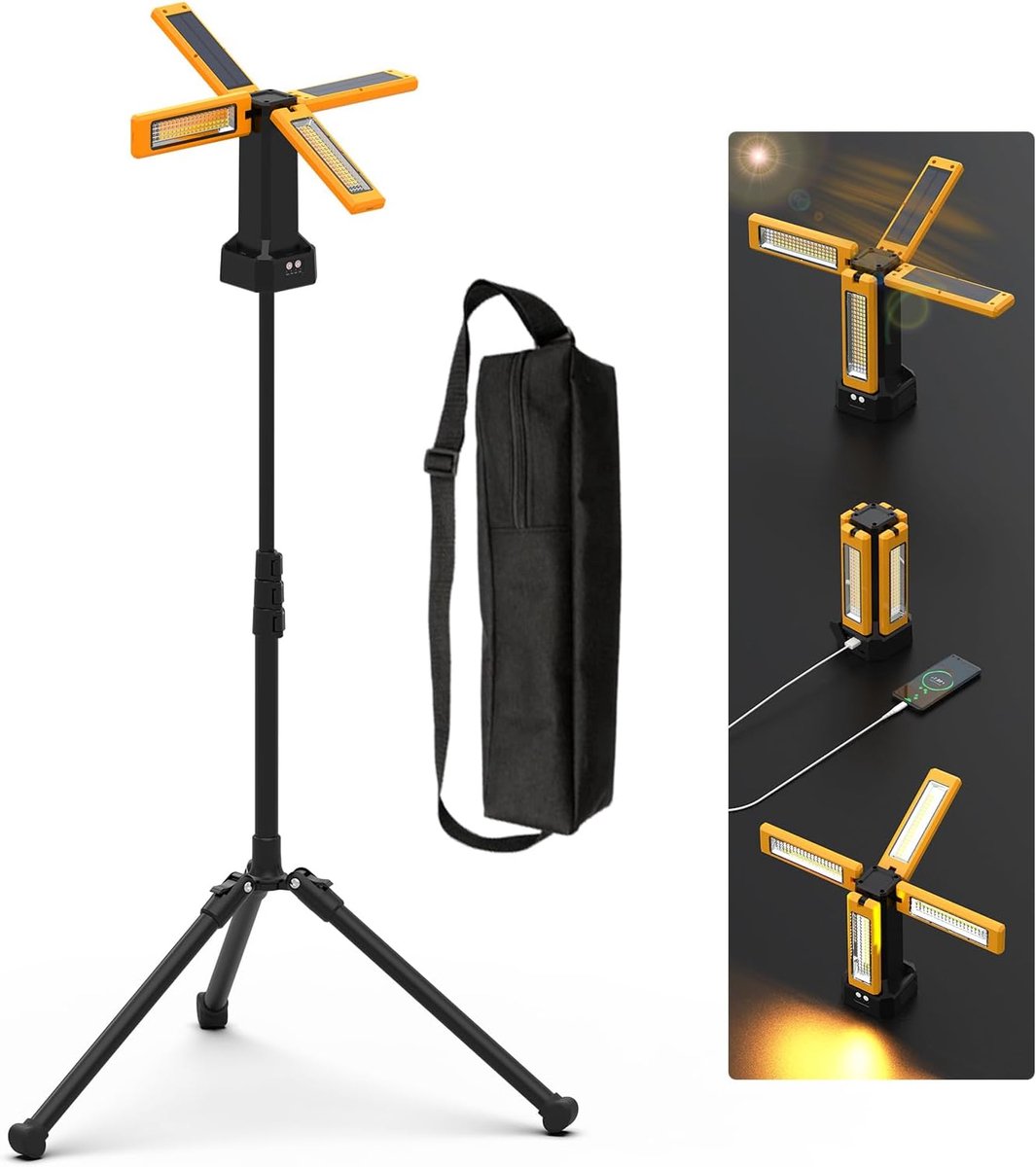 Construction Spotlight with Solar Battery with Tripod, Battery with 13200 mAh Capacity, Rechargeable Work Spotlight, 8000 Lumens, for Camping, Studio