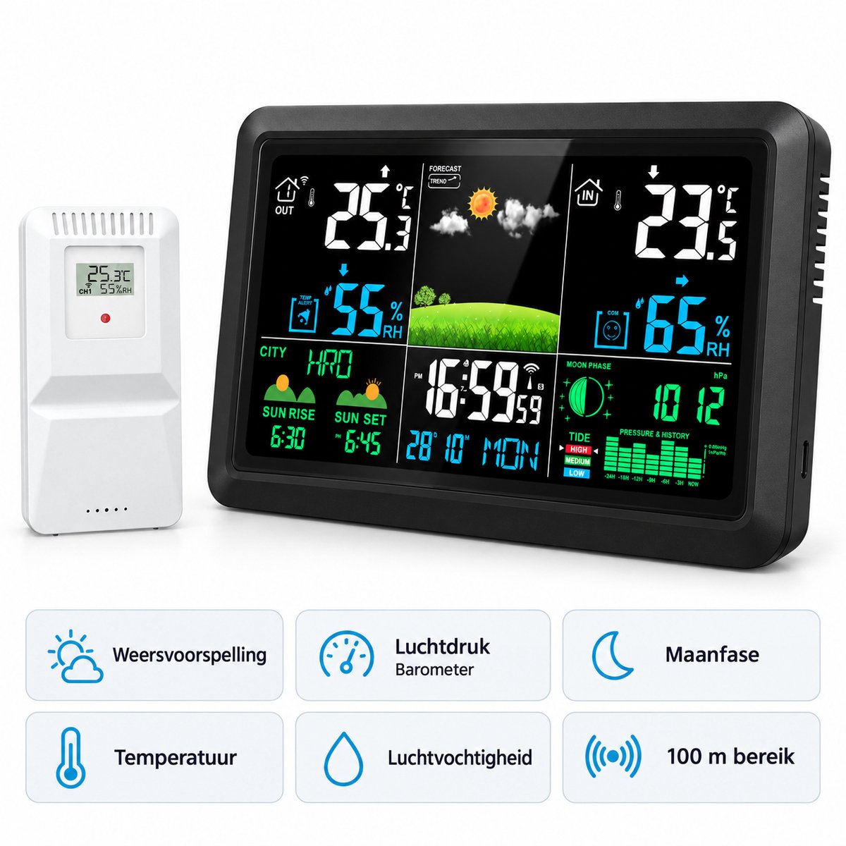 Nexeli NX-WS-15 Digitaal Weerstation met Buitensensor – Weersvoorspelling – Luchtdruk – Maanfase – Temperatuur – Luchtvochtigheid Barometer – 100m Bereik