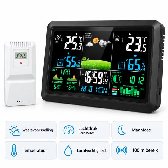 Weerstation met buitensensor toont "Weersvoorspelling, Luchtdruk, Maanfase, Temperatuur, Luchtvochtigheid, 100m Bereik".
