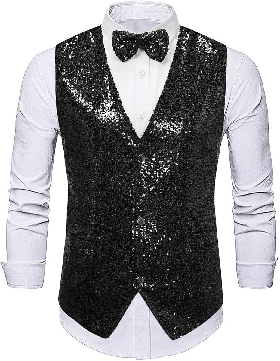 Herengilet met glitters, met vlinderdas, set met V-hals, kostuumvest, glanzende pailletten, bij pak, feestelijk kostuum