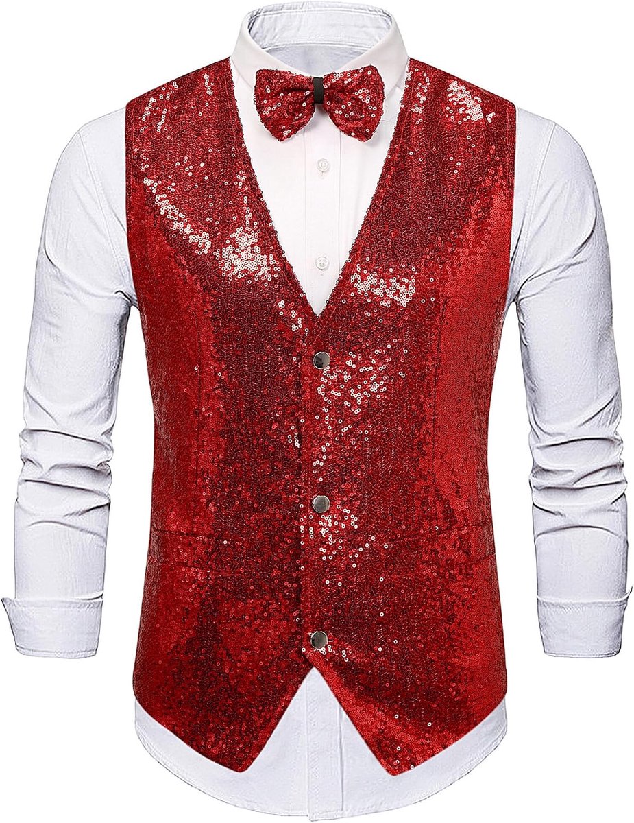 Herengilet met glitters, met vlinderdas, set met V-hals, kostuumvest, glanzende pailletten, bij pak, feestelijk kostuum