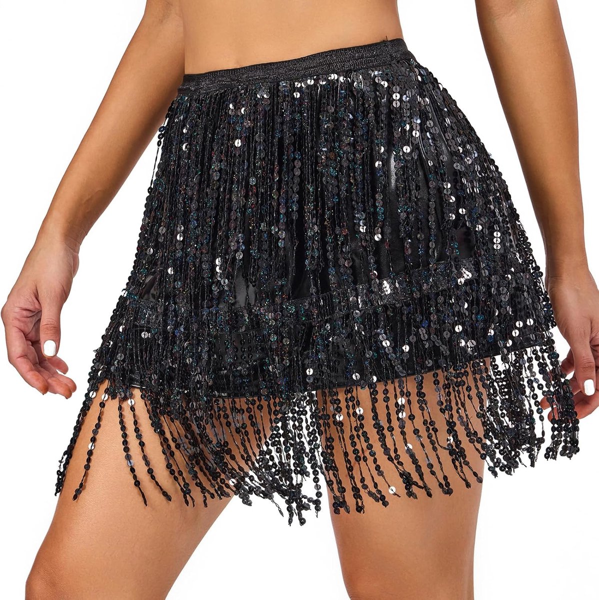 Rok met lovertjes en kwastjes, buikdansrok, rok met glitter en pailletten, sprankelende raverok met franjes, voor vrouwen en meisjes, dansoutfit voor festivals