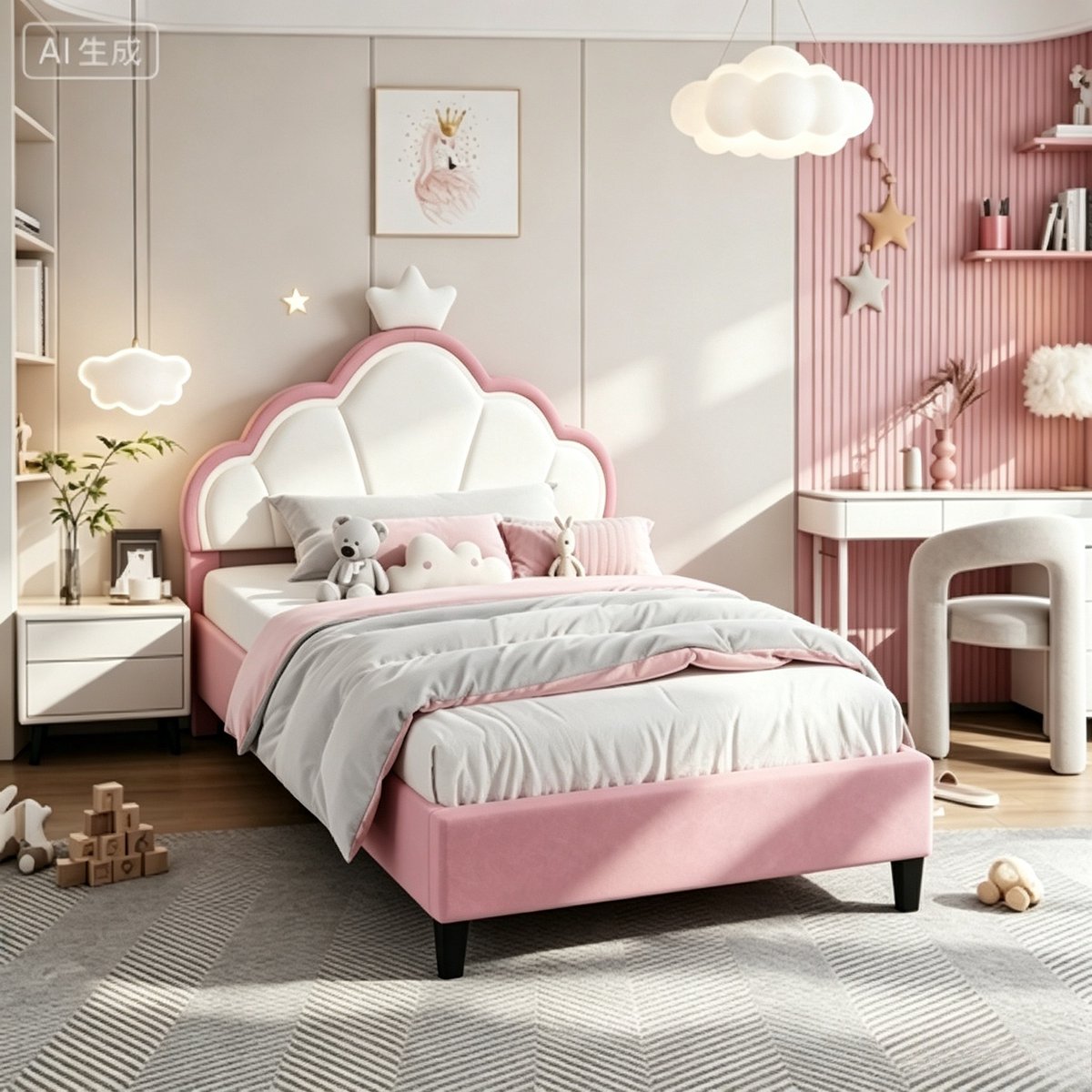 ROSAHQNDA Kinderbed 90x190 cm, gestoffeerd eenpersoonsbed met LED-kroonhoofdbord en lichtstrip, lattenbodem, slaapkamermeubel, fluweel, roze, zonder matras