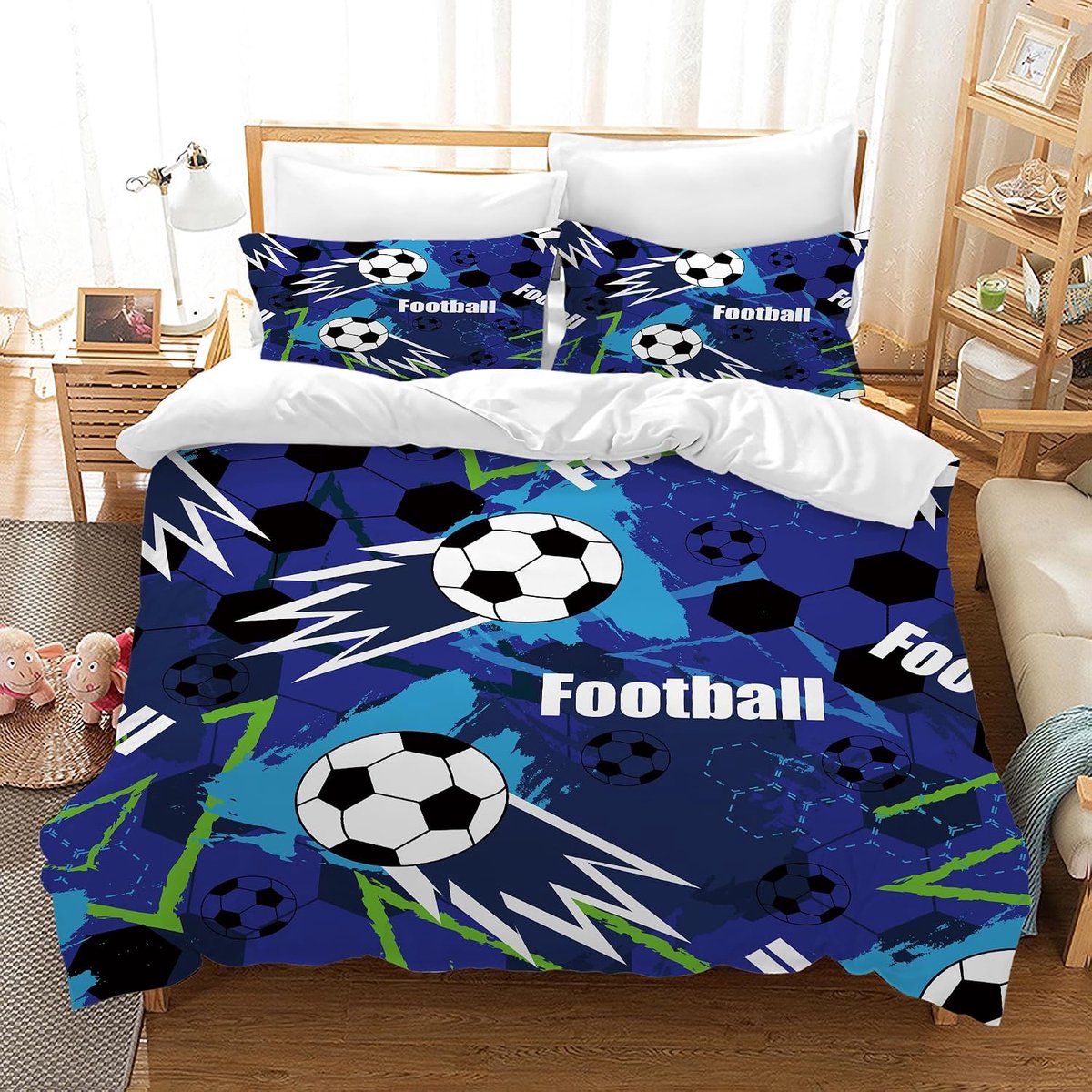 Dekbedovertrek voetbal beddengoedset, sport voetbal motief voor kinderen 1/2 persoon, dekbedovertrek microvezel met ritssluiting en 2 kussenslopen 65 x 65 cm (voetbal 03, 140 x 200 cm)