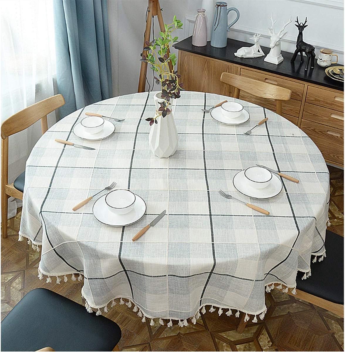 Zwaar gewicht katoenen linnen tafelkleed, geruite kwastjes ronde tafelhoes voor keuken eetkamer tafelblad decoraties, rond - 177,8 cm, grijs geruit