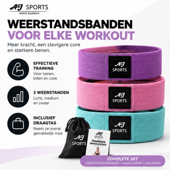 Set van paarse, roze en cyaan weerstandsbanden, inclusief zwarte draagtas en handleiding.