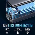 Een doorsnede van een zwarte powerbank toont de interne componenten. Tekst geeft aan: "SLIM BESCHERMINGSSYSTEEM" met "0°C Koelere werking", "20% Verminderde warmteafgifte", "30% Veiliger opladen".