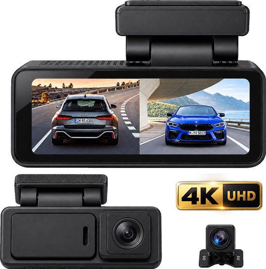 Nexeli NX-DC-10 dashcam met dubbele lens. Voor- en achteruitkijkende camera's tonen een grijze Audi en een blauwe BMW op een weg. Goudkleurig 4K UHD-logo.