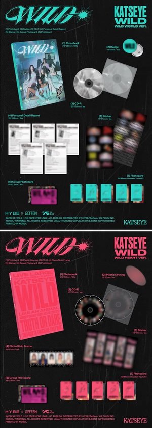 KATSEYE 'Wild' (wild world ver.) en 'Wild Heart ver.' albums met inhoud: fotoboek, CD, stickers, fotokaarten.