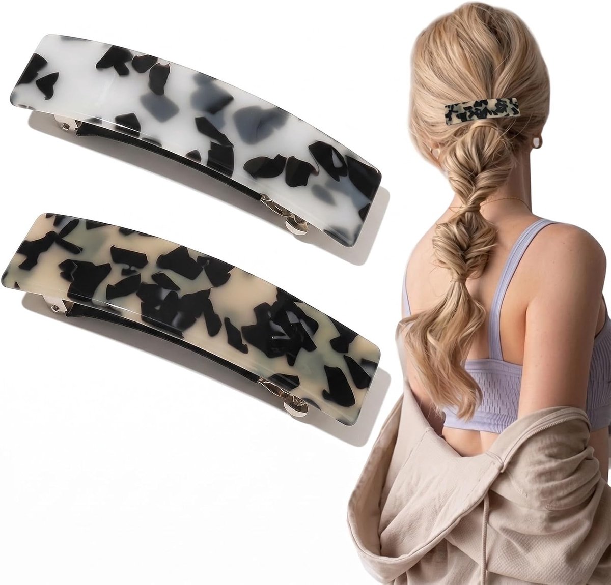 2 stuks haarspelden voor dames, Franse haarspelden voor dik haar, vintage haaraccessoireset, rechthoekig, automatische haarspeld, luipaard, wit en lichtbruin, haaraccessoires voor fijn haar