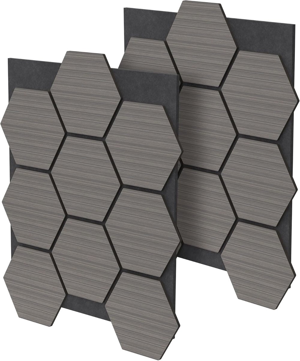 Set van 2 Akoestische MDF Panelen 66x81x2cm 1m² Grijs in Hexagonale Houtlook Geluidswerende Wandpanelen Akoestische Wandbekleding voor Kantoor Studio Muurdecoratie en Geluidsabsorptie