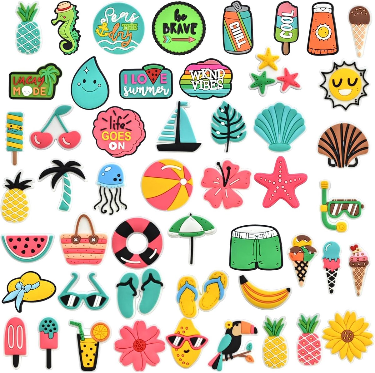 50 stranddecoraties voor de zomer, schoenbedels voor Crocs, accessoires voor meisjes en jongens, 1-3CM, PVC