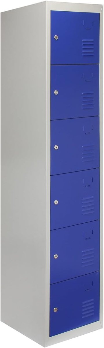 Lockerkast Kantoorkast 6 Kluisjes Kast Lockers 38 cm x 45cm x 180cm Afsluitbaar Opbergkast Kleedkamerkast Garderobe Opslag Flatpack Bouwpakket Blauw Zesdeurs School Sportschool Opbergen Stalen