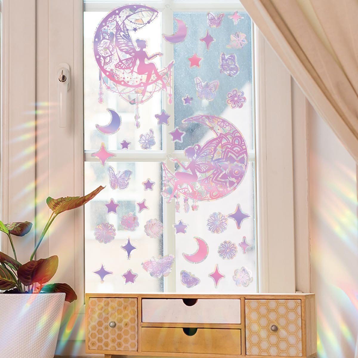 Venster klampt zich vast, engel fee maan regenboog reflectie statische raamsticker stickers herbruikbaar voor glas thuis slaapkamer kinderkamer