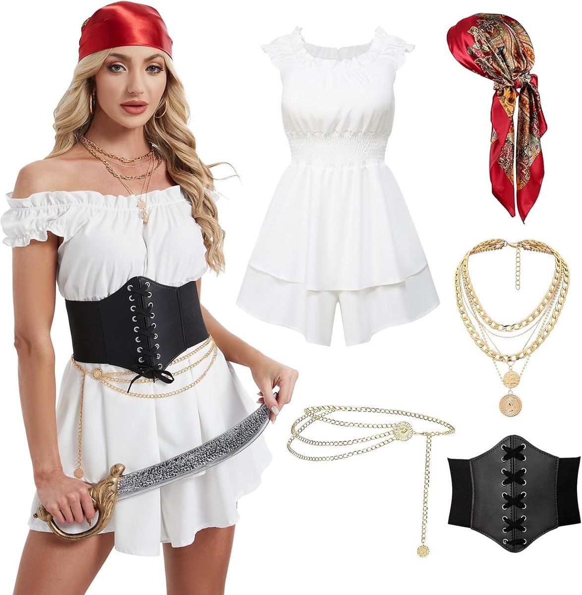 Piratenkleding voor dames, inclusief middeleeuwse riem, hoofddoek, halsketting, riemketting, geschikt voor Halloween, carnaval en kostuums.