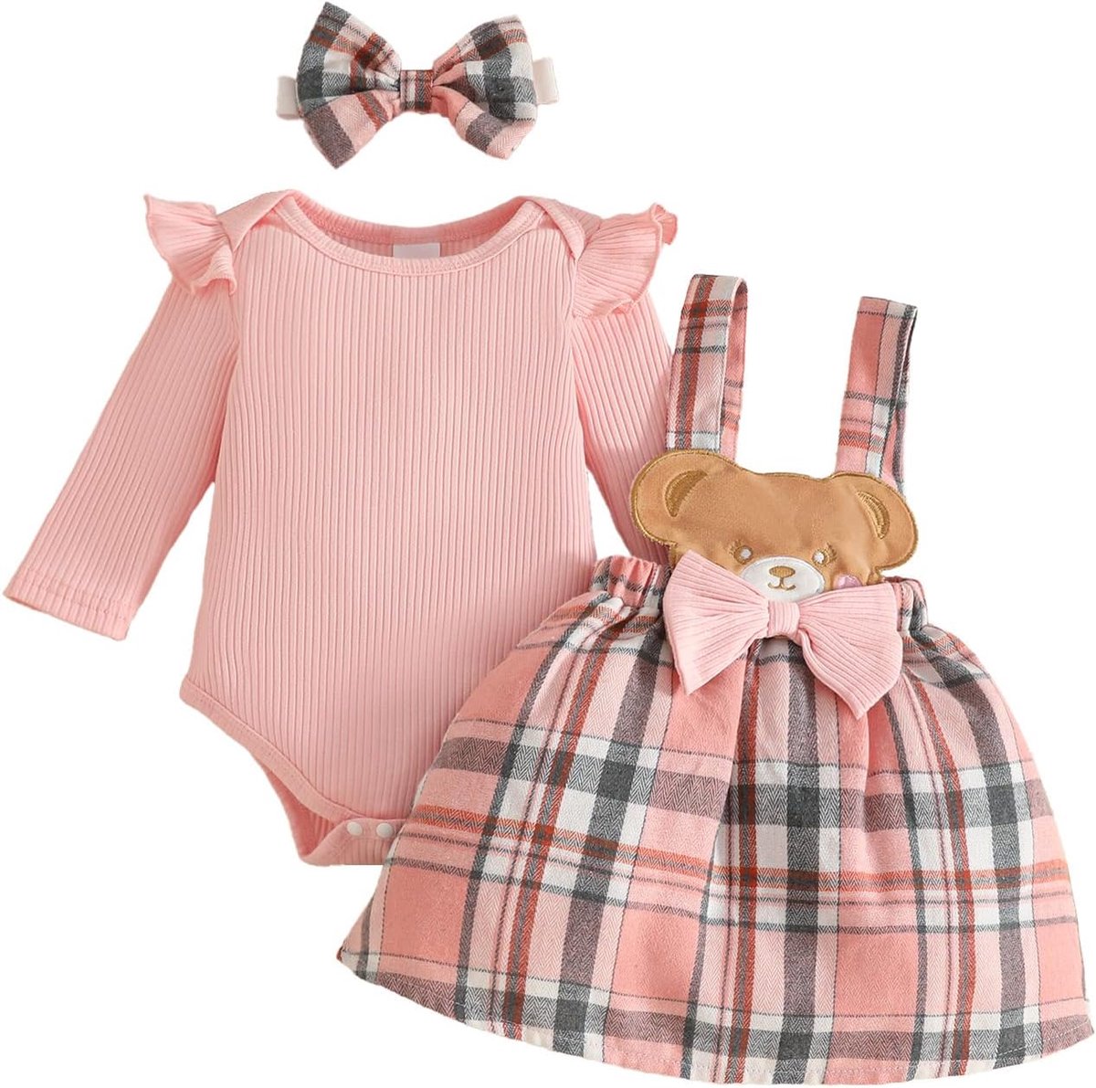 Baby meisjes outfits lange mouwen top plaid jarretelrok schattige berenjurk hoofdband babykleding