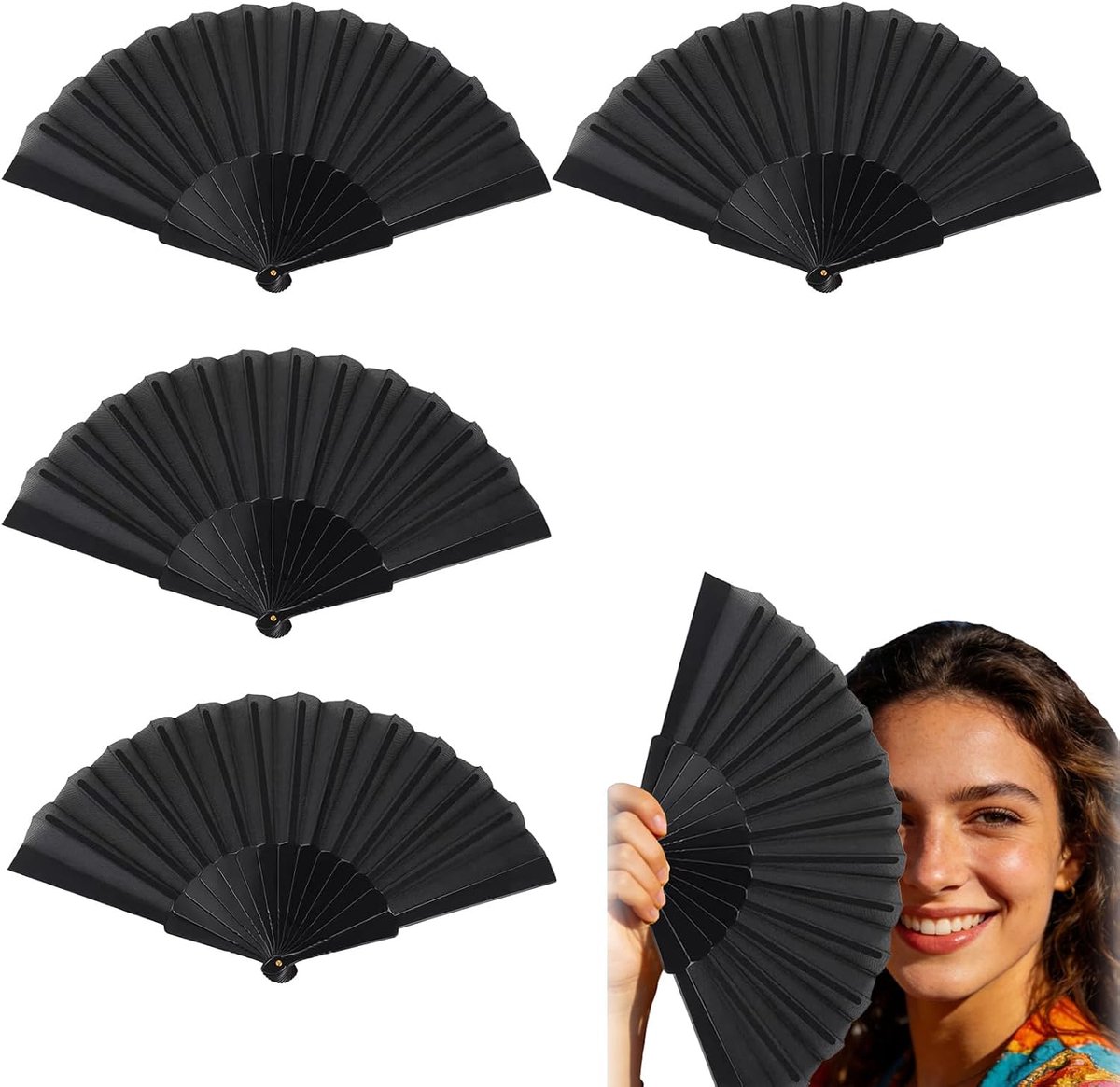 Set van 4 Zwarte Opvouwbare Handwaaier – Lichtgewicht Faltfächer voor Zomer, Feest, Dans, Bruiloft & Decoratie