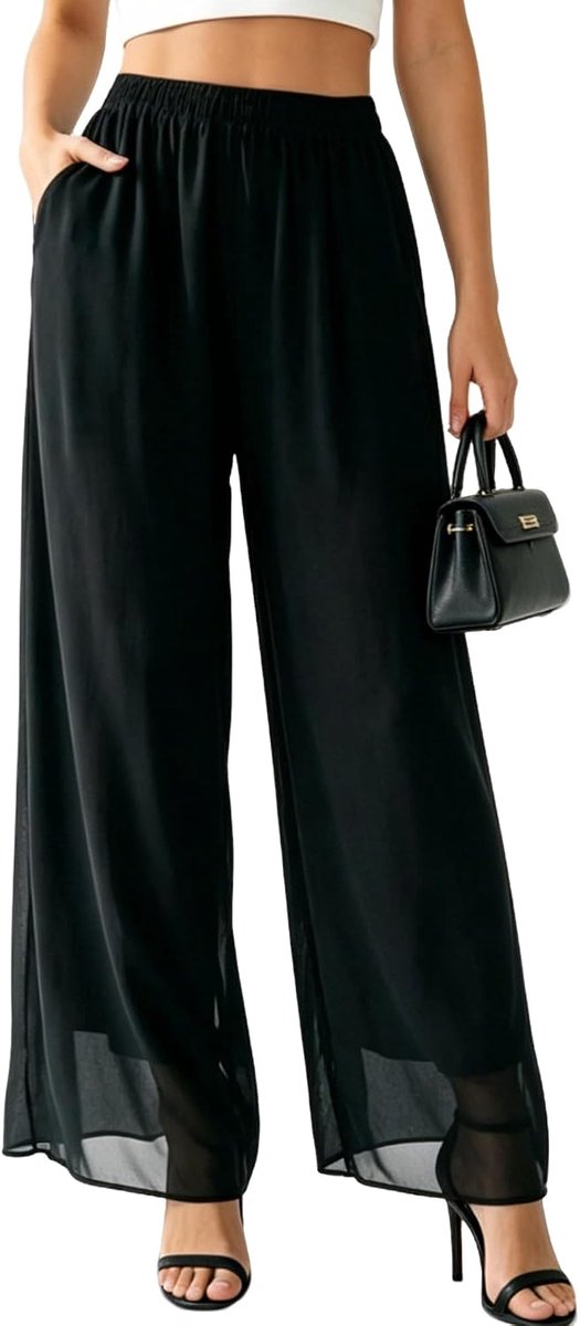 Damesbroek, zomer, chique, elegant, wijde broek, chiffon, licht, palazzo-broek, strand, casual, met zakken