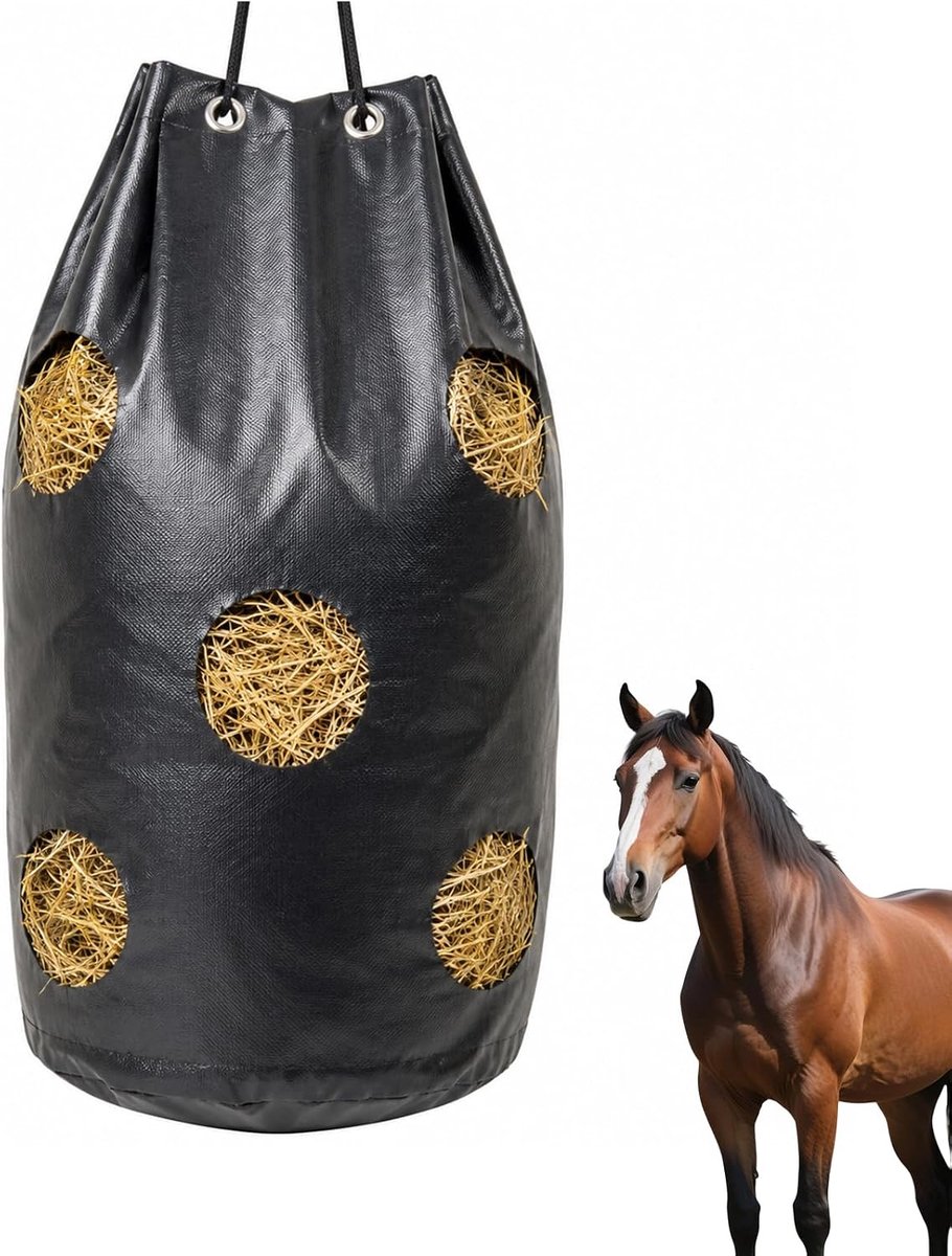 1 stuks hooizak voor paarden, 88 l, hooinet voor paarden, groot, 40 x 70 cm met 16 gaten, hooinet, fijnmazig hooizak, paardenaanhanger, kunststof, voor ponygeiten, stal, ponyhof, wilg