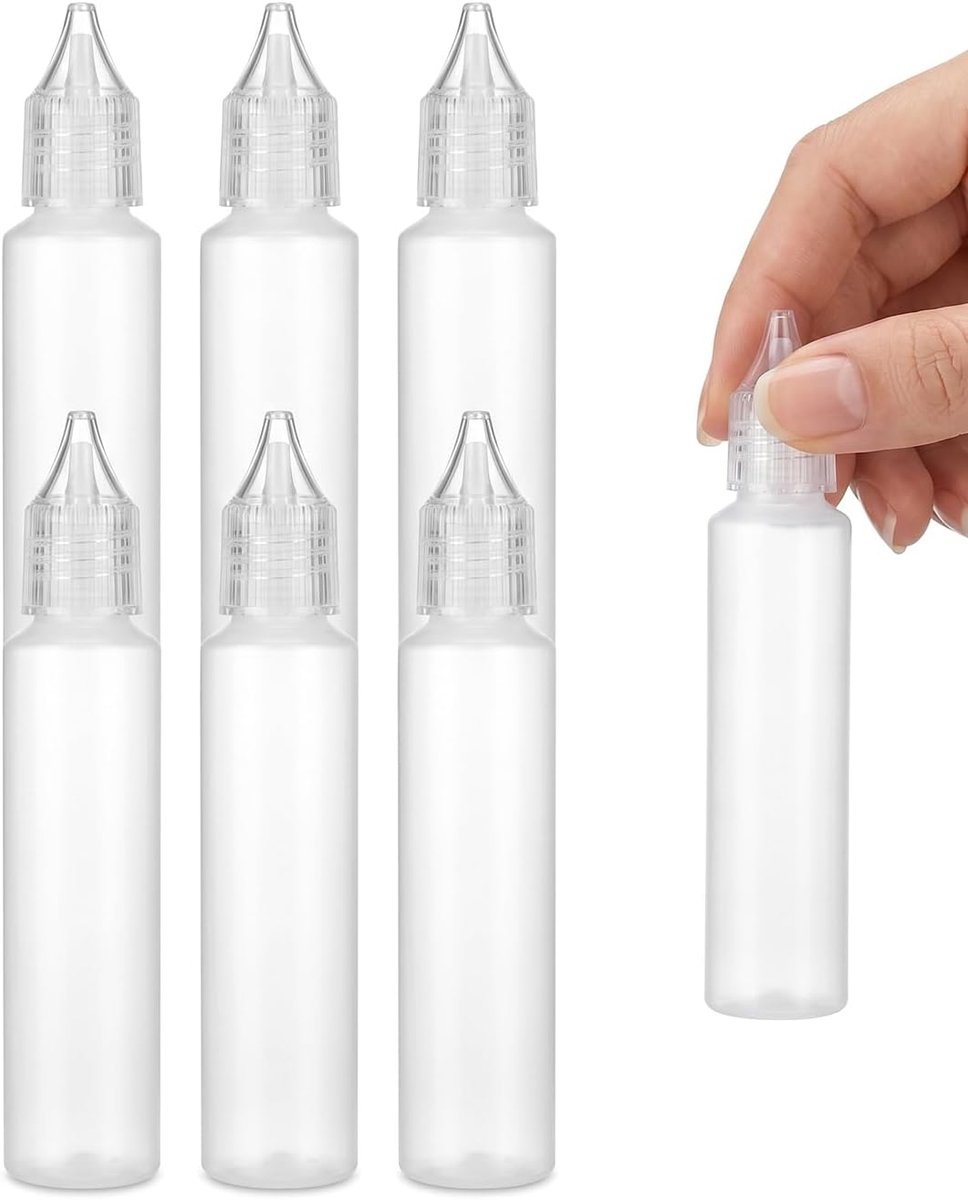 6 stuks 30 ml lege plastic flessen, nauwkeurige doseerder voor etherische oliën, cosmetica, serums, navulbaar, lekvrij voor reizen, gebruik in keuken en laboratorium.
