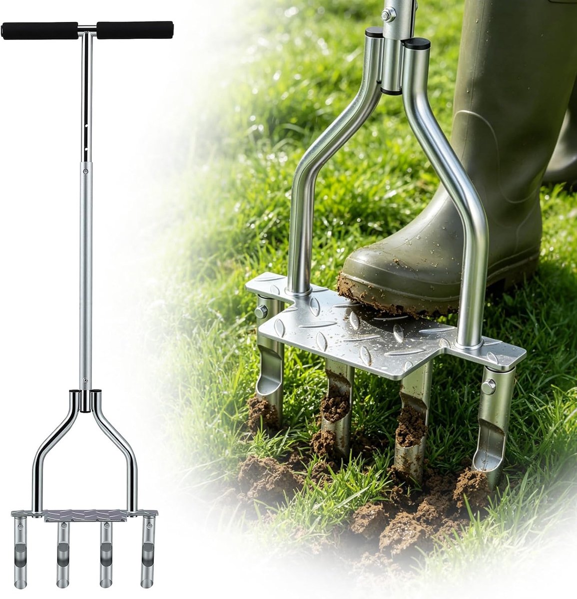 Handmatig gazonbeluchter met 4 holle tanden, handverticuteerapparaat 93 cm, gazonbeluchter voor bodemventilatie en losmaken met opbergvak en reinigingsgereedschap voor beter gazononderhoud, inklapbare