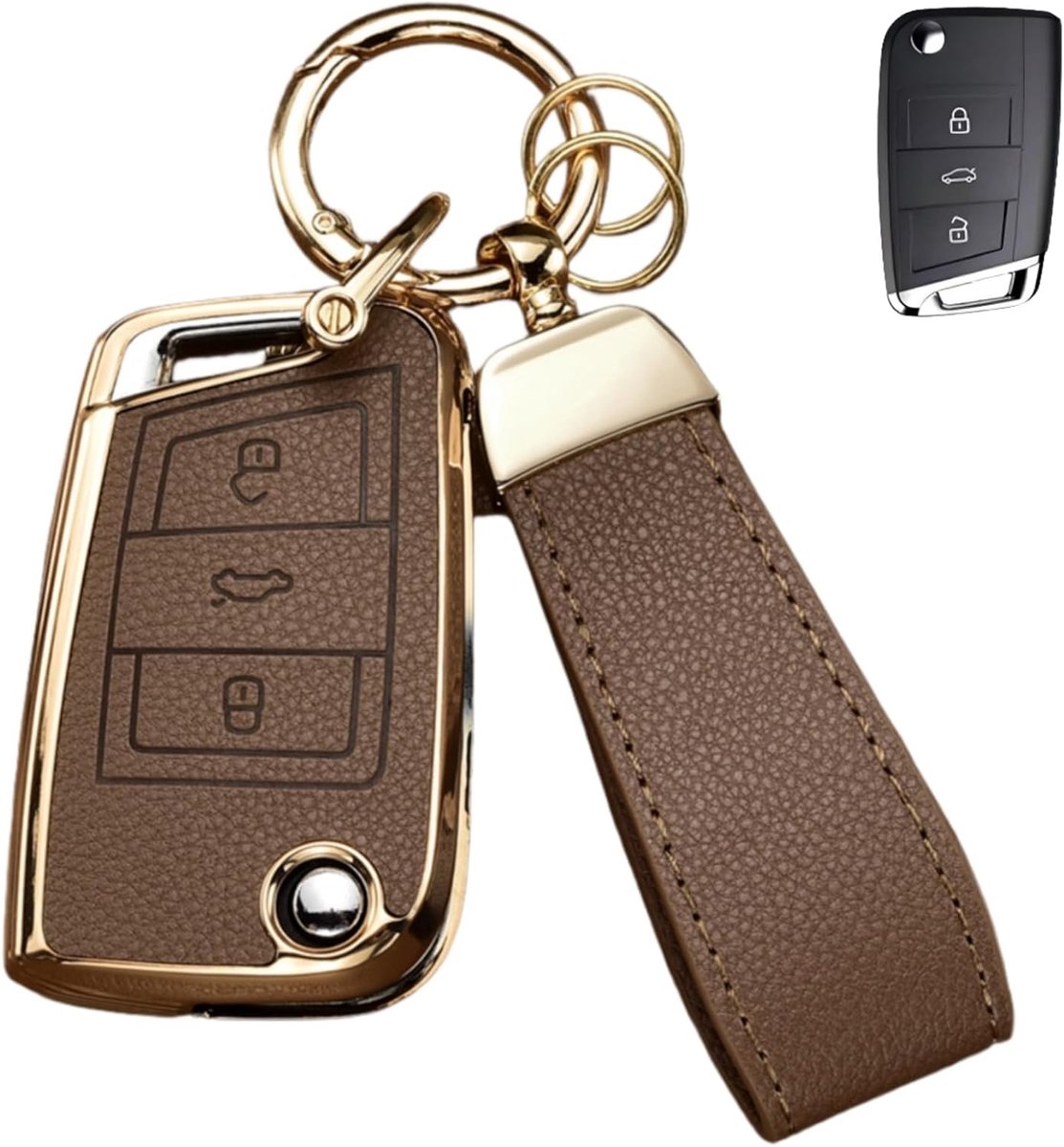 Sleutelhanger hoes voor Volkswagen, bovenleer + zachte TPU sleutelhoes shell voor VW 2017-2021 Jetta Tiguan GTI Atlas Passat Arteon Golf opvouwbare flip (bruin)