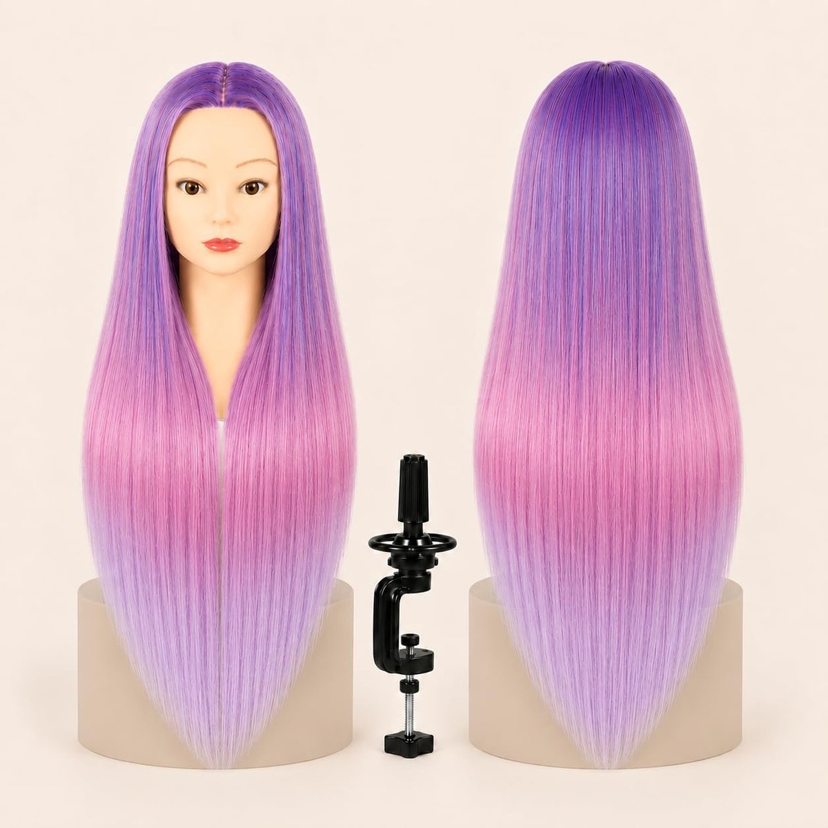 Mannequinhoofd voor kapper, kunsthaar, 60 cm / 24in, hittebestendig, met standaard, oefenhoofd voor kapsels en cosmetologie (roze paars kleurverloop)