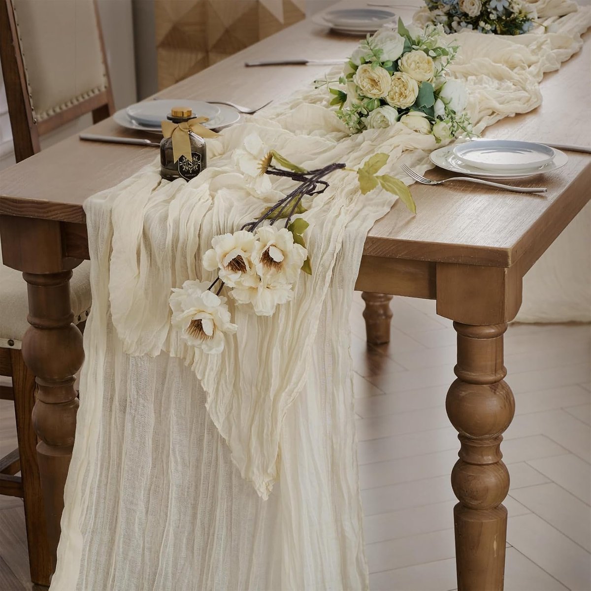 Beige boho tafelloper 90 x 300 cm wasdoek bruiloft tafelband