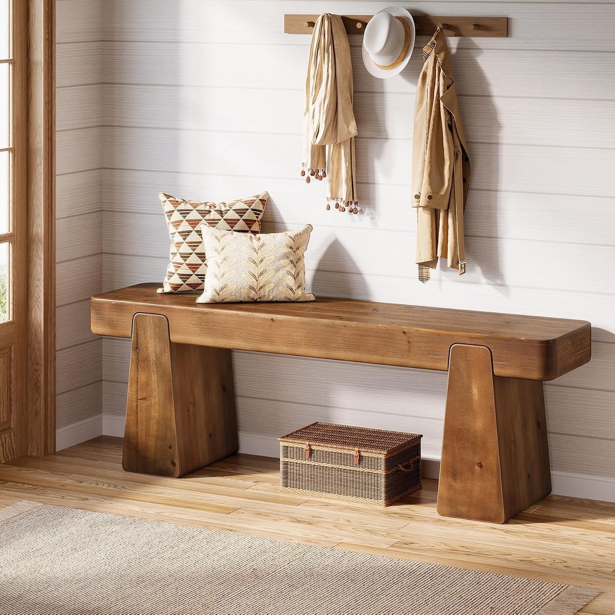 Houten schoenenbank, 120 cm, gangbank & garderobenbank voor entree, Farmhouse houten bank met verdikte poten, zitbank hal, slaapkamer, eetkamer, donkerbruin