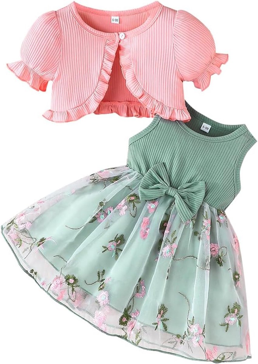 Set voor babymeisjes, tutu jurk en cardigan, 2-delig, elegant, mouwloos, strik, tule, jurk en lange mouwen, cardigan, kleding, outfits