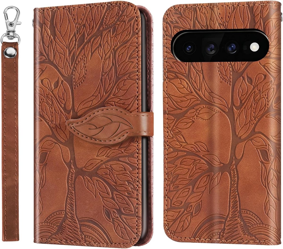 Hoes voor mobiele telefoon voor 5G 6,3 inch, boom in reliëf, PU-leer, flip case, portefeuille, tas, hoes voor 5G 6,3 inch, bruin