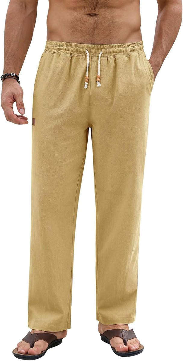 Heekpek Lange vrijetijdsbroek voor heren, katoen, chino, lichte losse pasvorm, zomerbroek met zakken, trekkoord, voor dagelijks gebruik, strand, vakantie