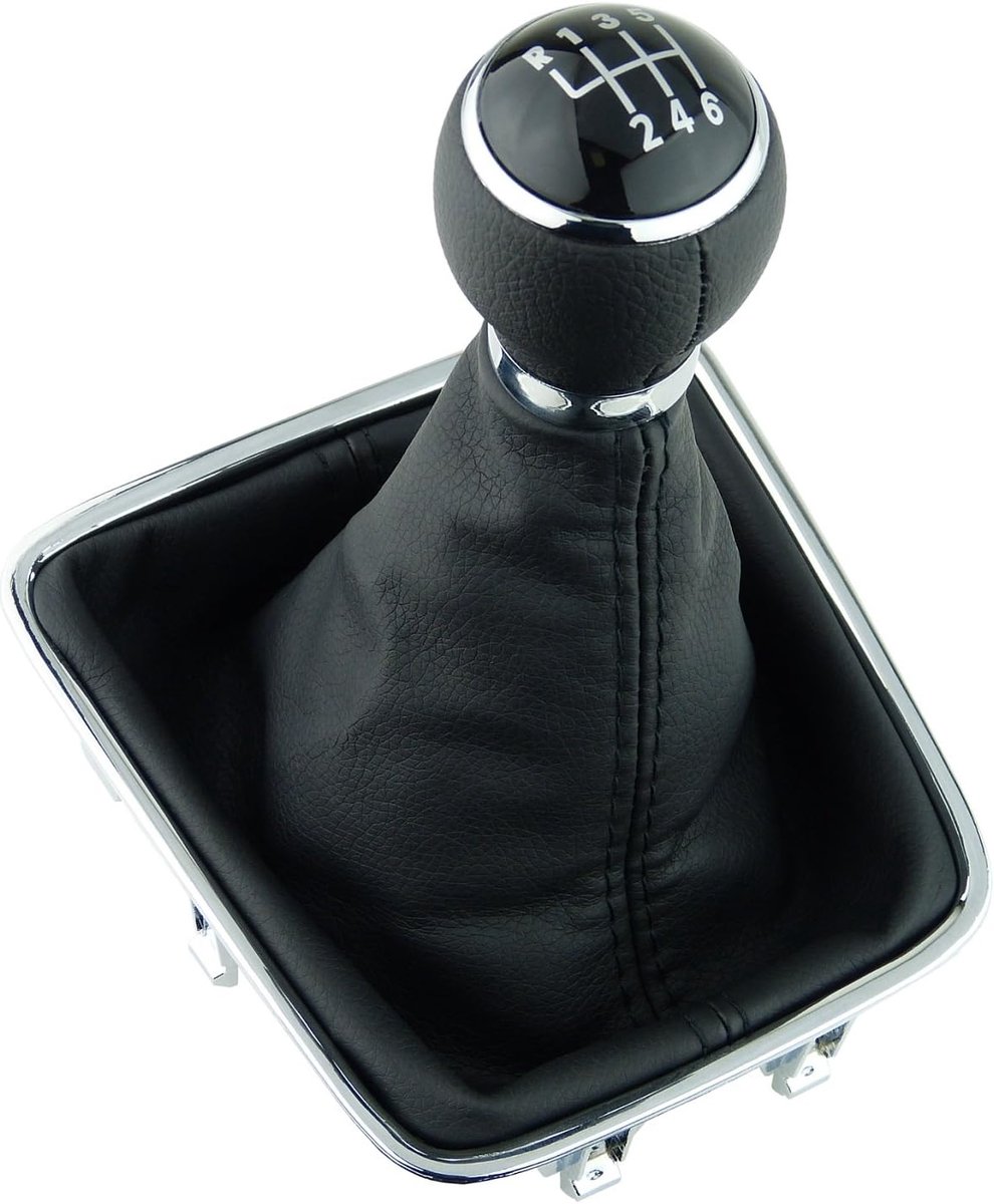 A278-1 versnellingspookknop zwart 6 versnellingen 12 mm compatibel met VW Golf Plus 5M 521 Tiguan I 5N Sharan II 7N chroom frame complete set PU lederen knop Plug Play reserveonderdeel