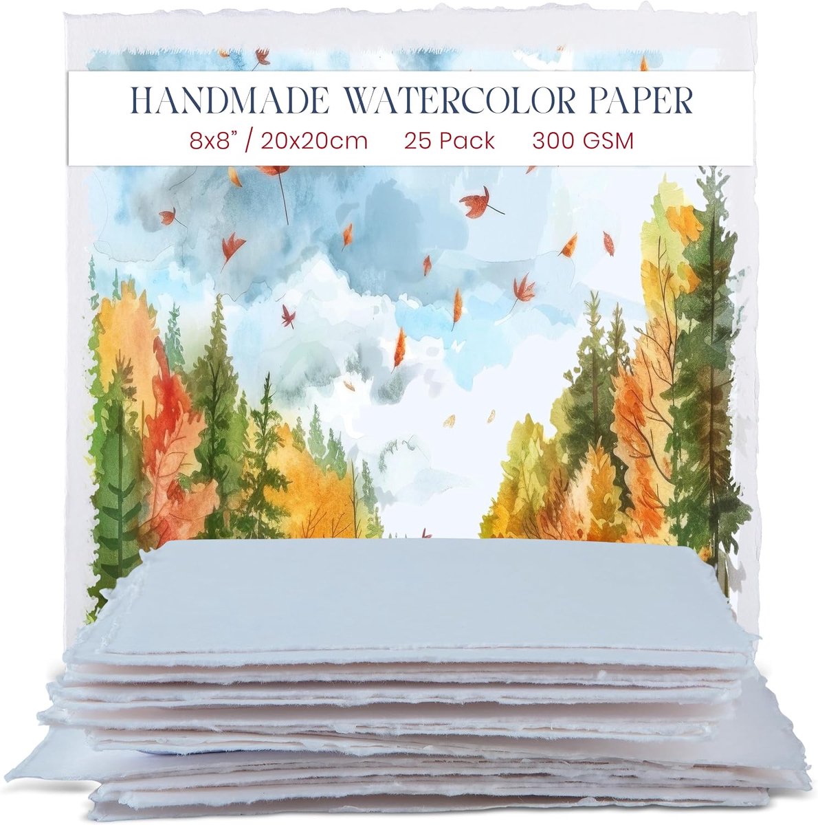 Dik Handgemaakt Waterverfpapier Met Scheprand – 20 × 20 cm – 300 GSM – Wit Koudgeperst Gemengd Mediapapier Van Gerecycled Katoen – 25 Vellen