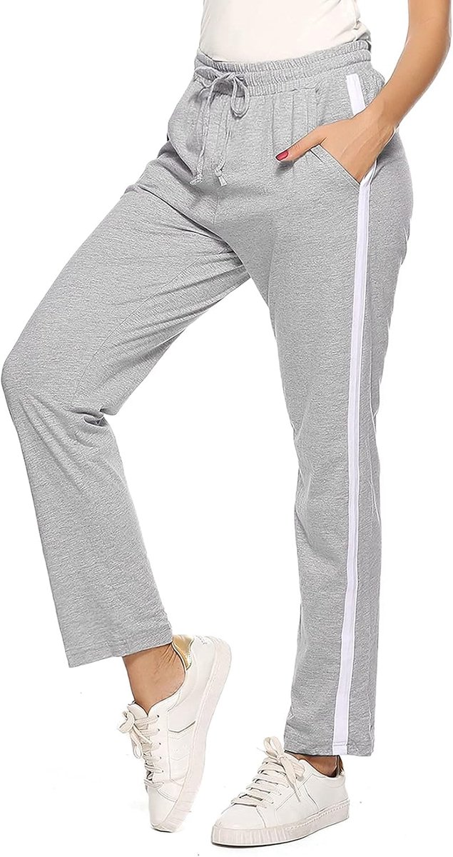 Joggingbroek voor dames, katoen, lange sportbroek, vrijetijdsbroek, trainingsbroek, hoge taille, hardloopbroek, sweatpants met strepen, voor yoga, fitness, casual, A-grijs, L