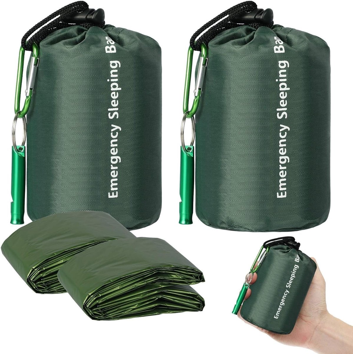 Survival Bivy Tassen, 2Pack Waterdichte Mylar Noodslaapdekens met Fluitje Gear voor Camping Wandelen