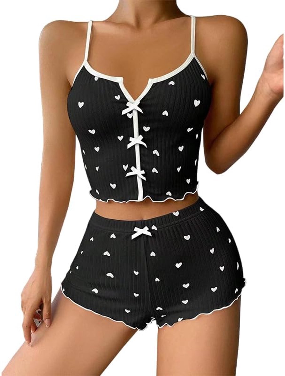 Pyjama voor dames, zomerpyjama, hartprint, hemdje en shorts, 2 stuks, zachte V-hals, pyjamasets, nachtkleding, loungewear, cami-tops met bandjes, elastisch, thuis, effen kleur