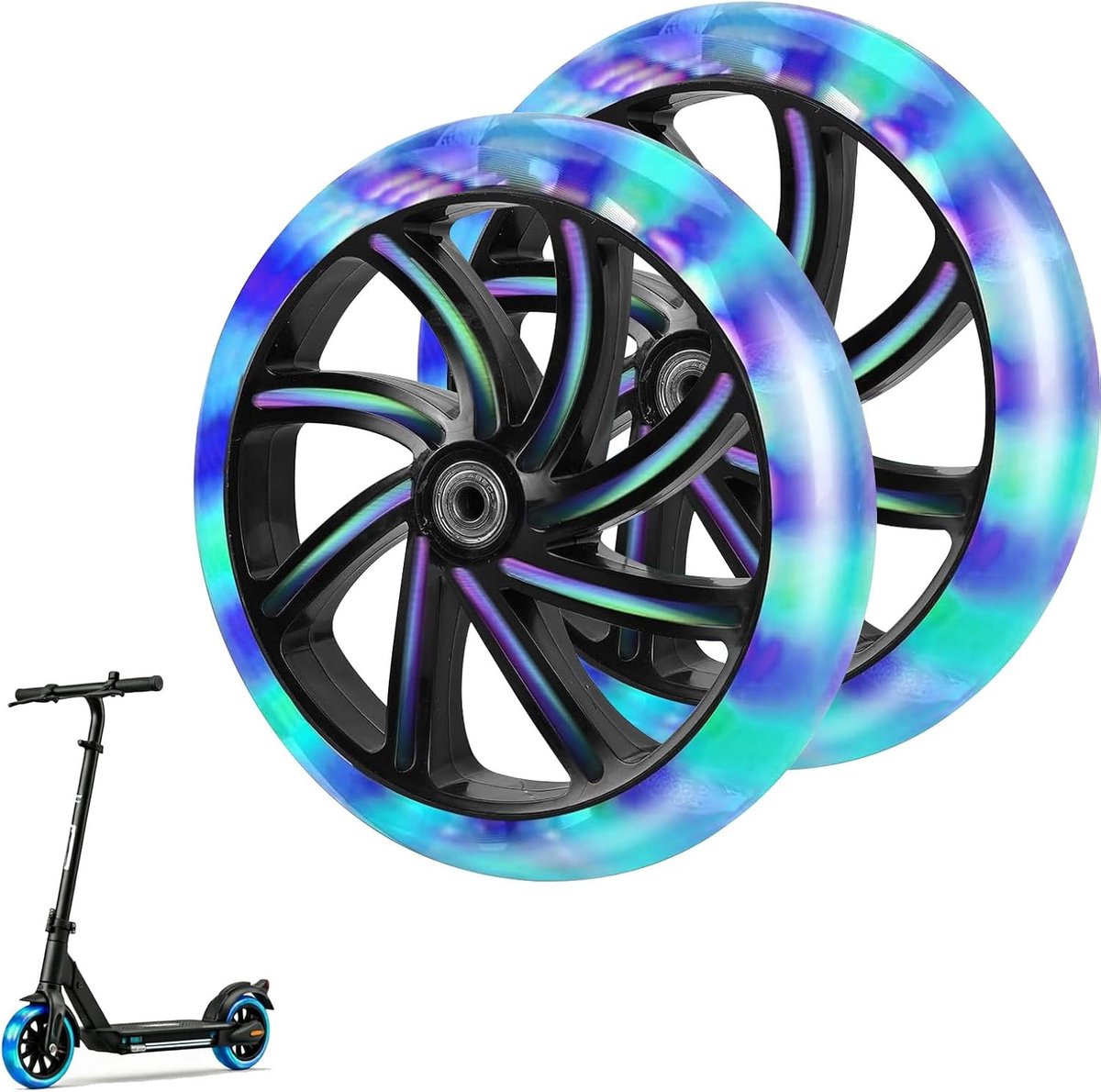 200 mm lichtgevende scooterwielen, 2 stuks, knipperende stuntstepbanden, PU, stil en slijtvast, 8 mm as met 608 kogellagers, reservewielen voor scooter, zwart