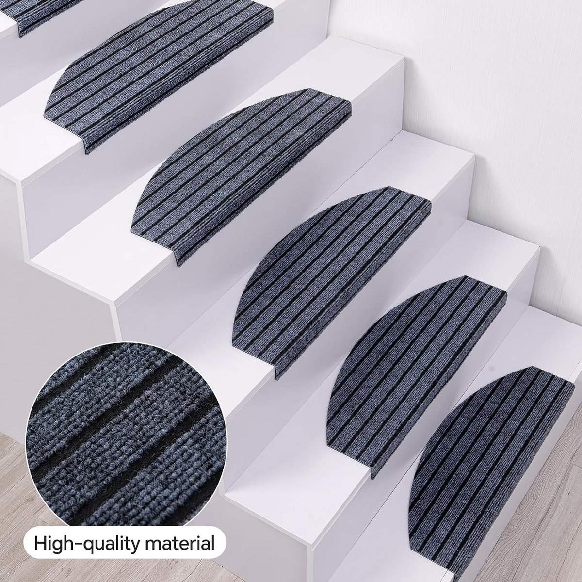 Trapmatten voor binnen, antislip, 15 stuks, 60 x 24 cm, polyester, halfrond, traptapijt met zelfklevende TPE-rug, traptapijt voor kinderen, ouderen en huisdieren (grijs met zwarte strepen)