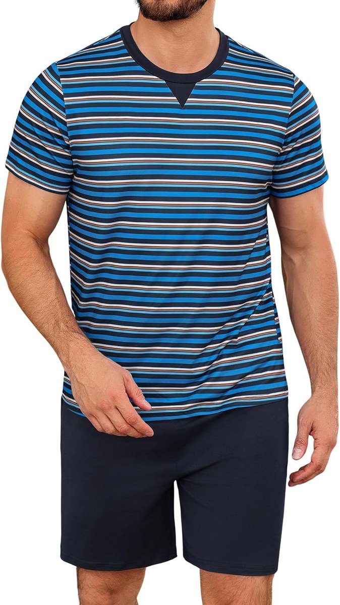 Pyjama voor heren, van katoen met contrasterende strepen, zomerpyjamaset, bovendeel en korte broek, vader en partner, groen, L