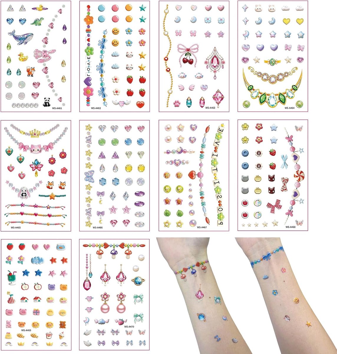 3D-sieradendecoratie, stickers voor tatoeages, tijdelijke tatoeages, glitterstenen, strass, zelfklevend, met make-up-glitter, voor carnaval (A)